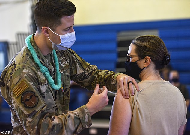 The seniors all filed religious exemptions against the vaccine, but their requests have been denied. A soldier is seen here getting the jab in February 2021
