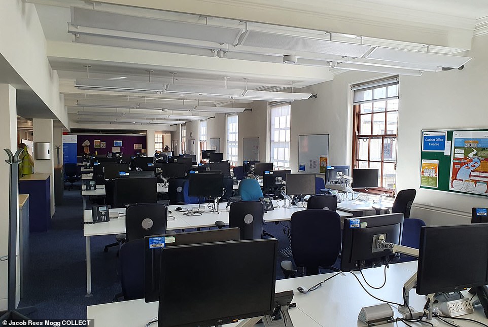 But there is something else, too: a growing sense of entitlement on the part of workers who believe that jobs exist for their own convenience rather than to serve customers or the public. Pictured, an empty ministry office photographed by Jacob Rees-Mogg