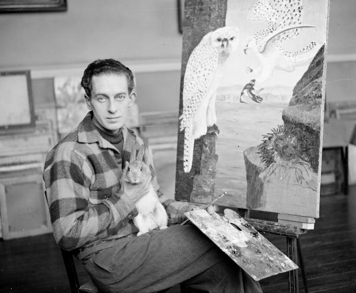Morris photographed with his pet rabbit in 1928