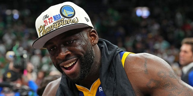 Draymond Green of the Golden State Warriors celebrates after winning game six of the NBA Finals against the Celtics on June 16, 2022, at TD Garden in Boston.