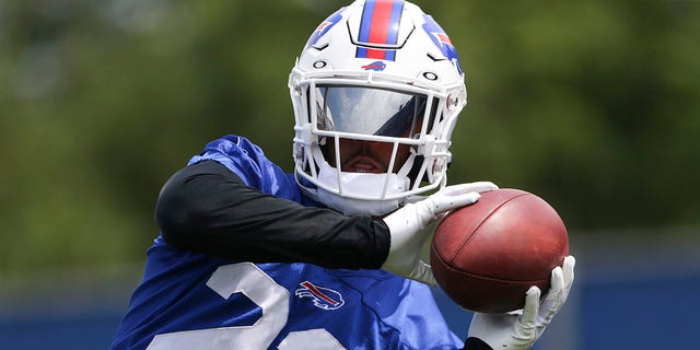 Micah Hyde of the Buffalo Bills makes a catch during Bills minicamp June 15, 2022, in Orchard Park, N.Y.
