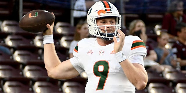 Tyler Van Dyke #9 of the Miami Hurricanes warms up prior to the game against the Texas A&M Aggies at Kyle Field on Sept. 17, 2022 in College Station, Texas.