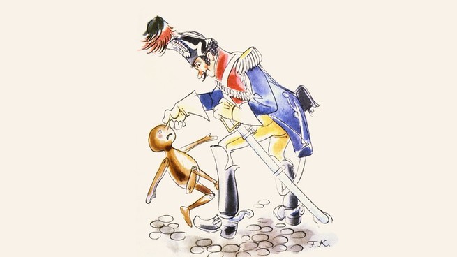 old drawing of Pinocchio being held by the nose by a soldier