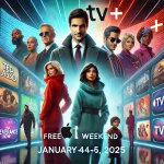 A sleek promotional image showcasing Apple TV+ series like Ted Lasso, Severance, and The Morning Show, with vibrant colors and the text “Free Streaming Weekend – January 4-5, 2025.”