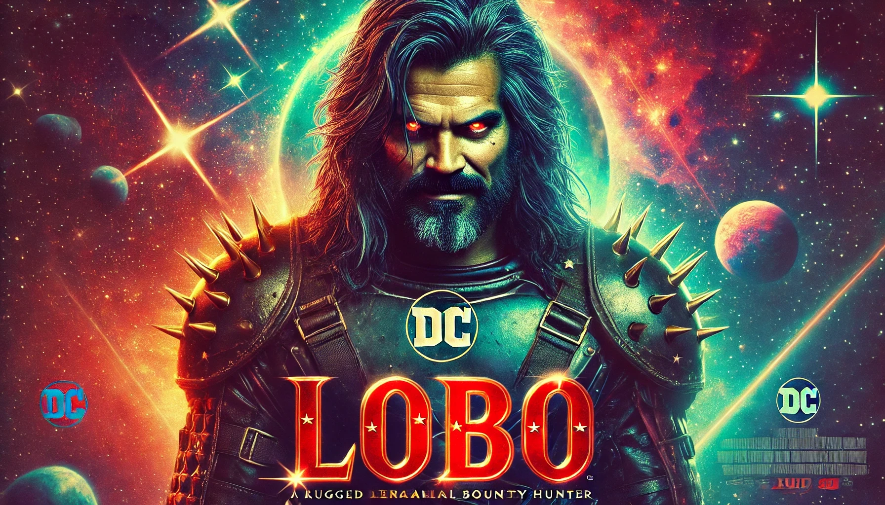 A cinematic poster concept featuring Jason Momoa as Lobo, the rugged intergalactic bounty hunter, with spiked leather gear and a cosmic background of stars and nebulas. The bold red title "Lobo" is prominently displayed, capturing the intensity and action of the character.