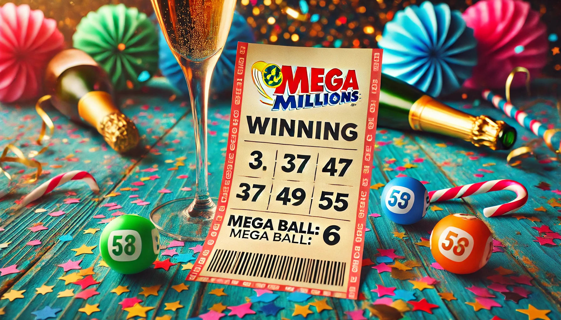 A Mega Millions lottery ticket with winning numbers highlighted against a colorful background.