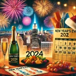 A vibrant New Year’s Eve 2024 image featuring a cityscape illuminated by fireworks, a festive table setting, and an overlay of a grocery bag and calendar, symbolizing holiday schedules.