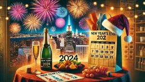 A vibrant New Year’s Eve 2024 image featuring a cityscape illuminated by fireworks, a festive table setting, and an overlay of a grocery bag and calendar, symbolizing holiday schedules.