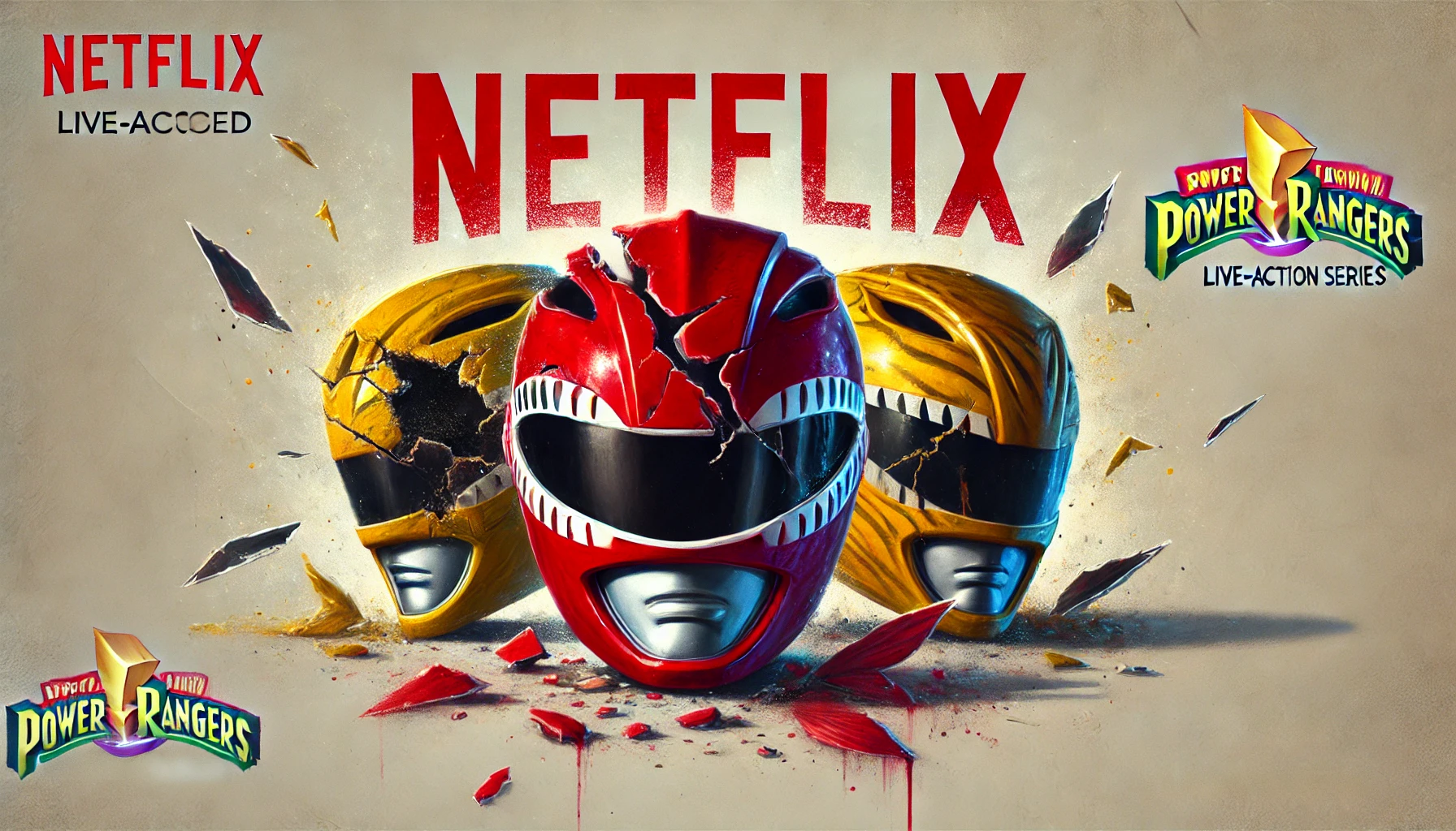 Shattered Power Rangers helmets with a faded Netflix logo in the background.