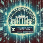 Artistic representation of a cybersecurity breach with a warning message, binary code streaming, and the U.S. Treasury seal in the background.