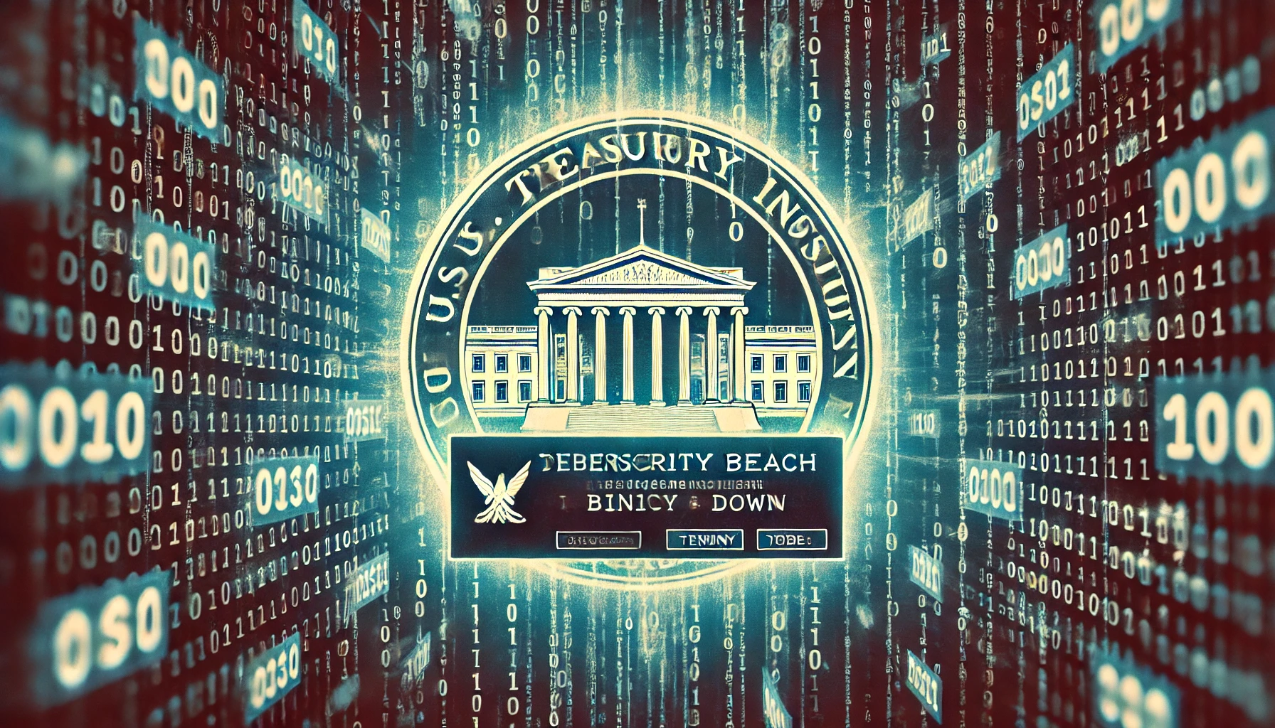 Artistic representation of a cybersecurity breach with a warning message, binary code streaming, and the U.S. Treasury seal in the background.