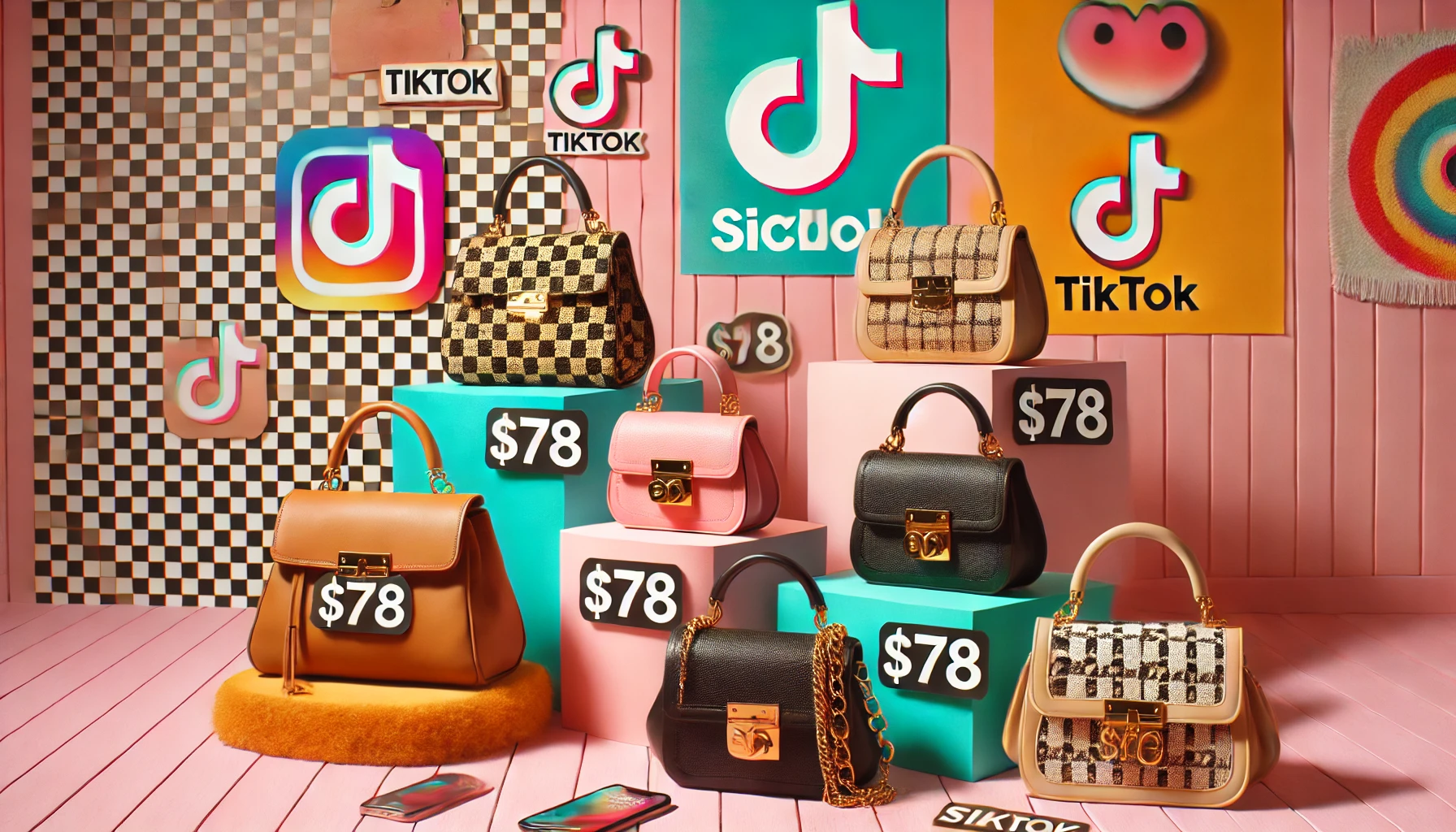 Affordable handbags styled as luxury items, with $78 price tags and a trendy backdrop, highlighting the viral TikTok trend.