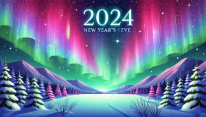 A vibrant depiction of the Northern Lights on New Year’s Eve 2024, with green, pink, and purple auroras glowing above a snowy field and distant mountains.